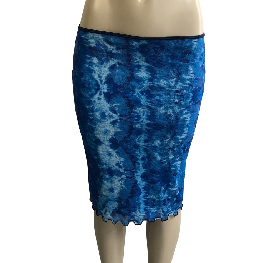 Vintage 90s Y2K LA Movers Blue Tie Dye Mesh Midi Skirt Lettuce Hem Size Large